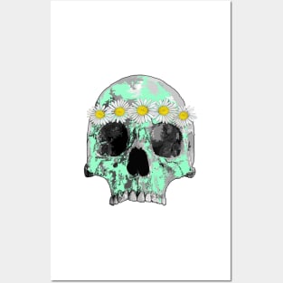 Mint green skull with daisies Posters and Art